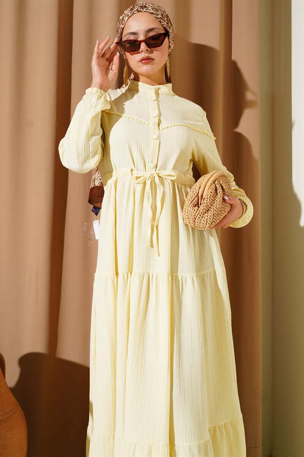 Buttoned Tree Bark Dress with Waist Tunnel in Yellow