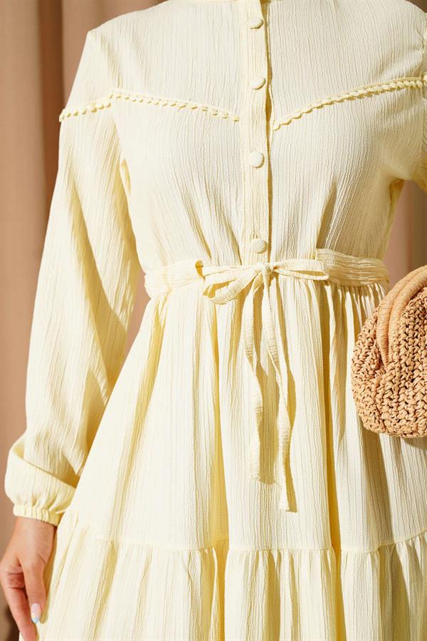 Buttoned Tree Bark Dress with Waist Tunnel in Yellow