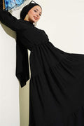 Buttoned Tree Bark Dress with Waist Tunnel and Black