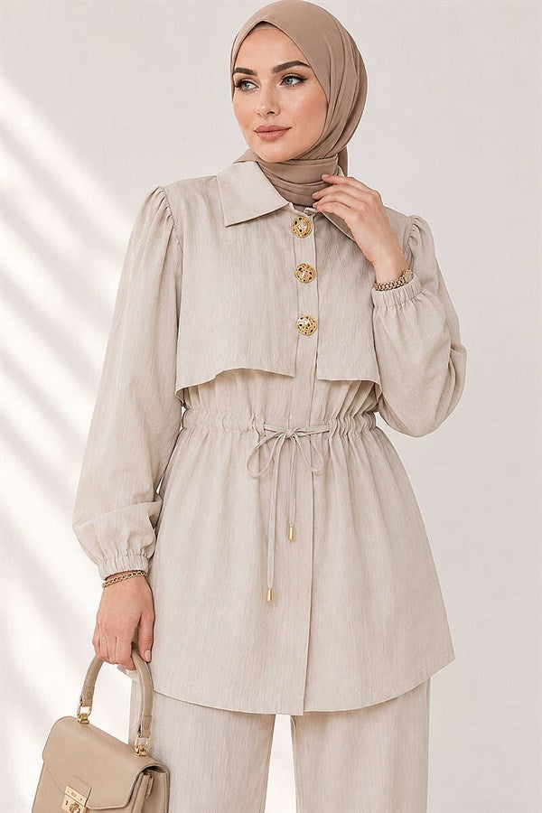2 Piece Set with Buttoned Waistband, Beige