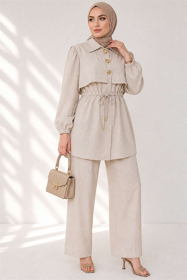 2 Piece Set with Buttoned Waistband, Beige