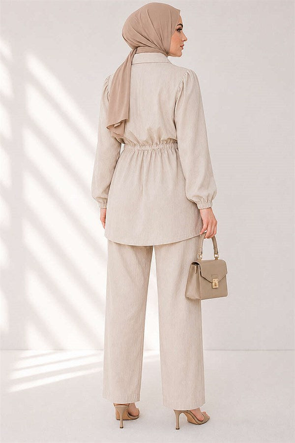 2 Piece Set with Buttoned Waistband, Beige