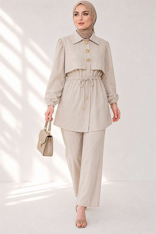 2 Piece Set with Buttoned Waistband, Beige