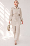 2 Piece Set with Buttoned Waistband, Beige