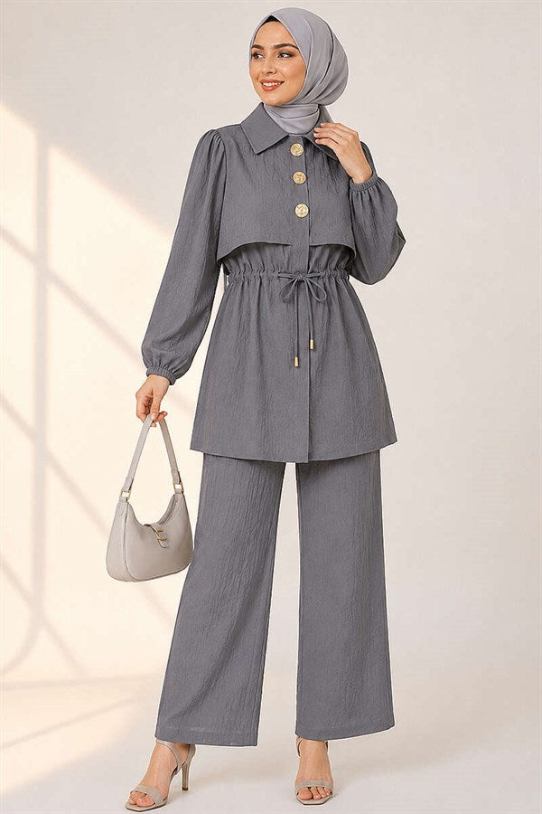 2 Piece Set with Buttoned Waistband, Grey