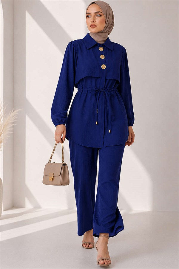 Two-Piece Set with Buttoned Waistband, Navy Blue