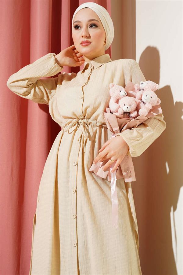 Waist Tunnel Buttoned Long Shirt 2 Piece Set Beige