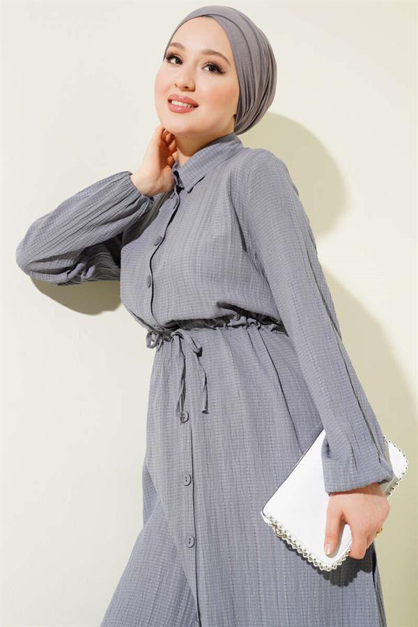 Waist Tunnel Buttoned Long Shirt 2 Piece Set Gray