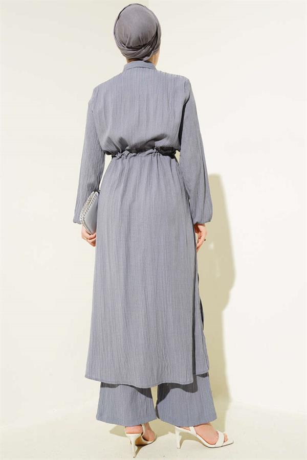 Waist Tunnel Buttoned Long Shirt 2 Piece Set Gray