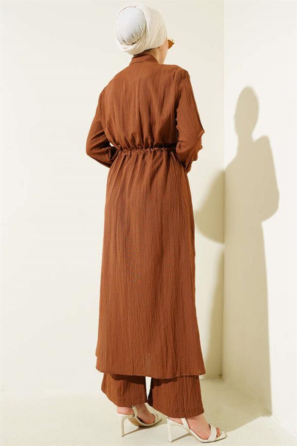 Waist Tunnel Buttoned Long Shirt 2 Piece Set Brown