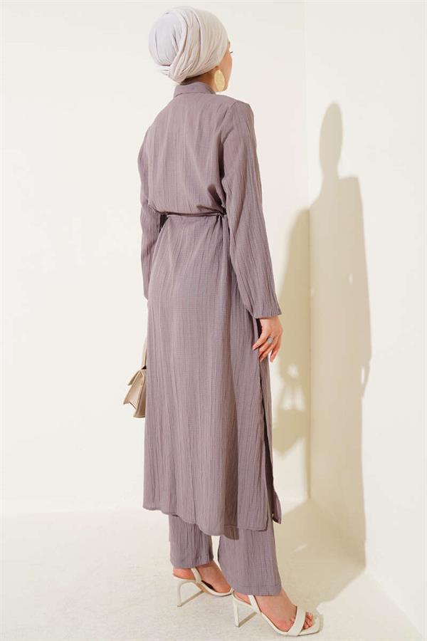 Waist Tunnel Buttoned Long Shirt 2 Piece Set Mink