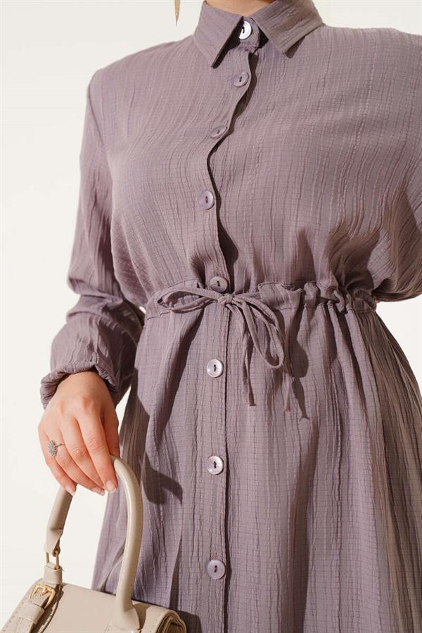 Waist Tunnel Buttoned Long Shirt 2 Piece Set Mink