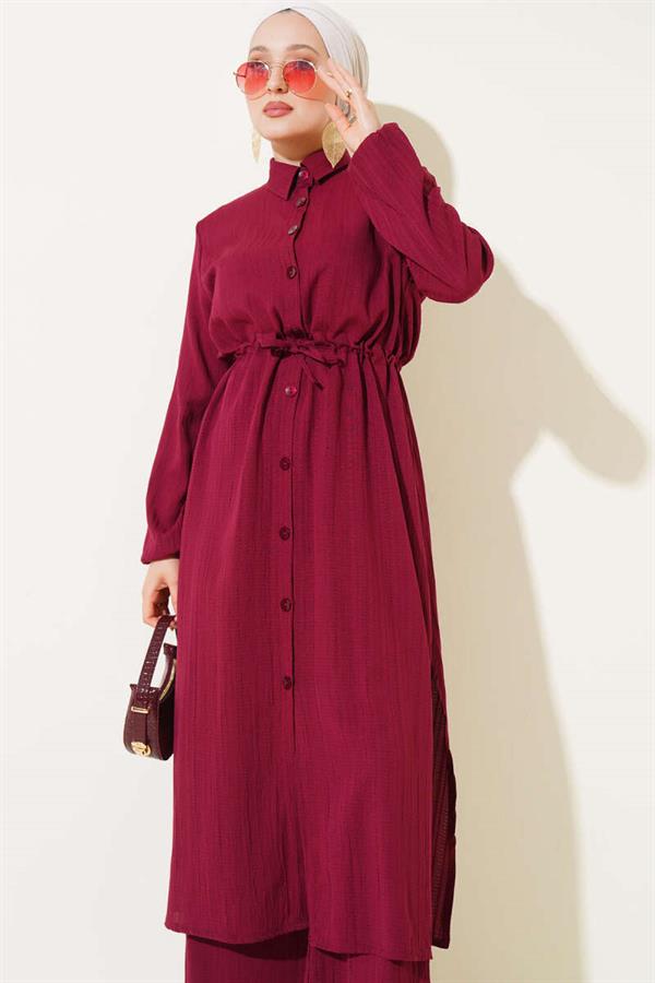 Waist Tunnel Buttoned Long Shirt 2 Piecet Set Claret Red