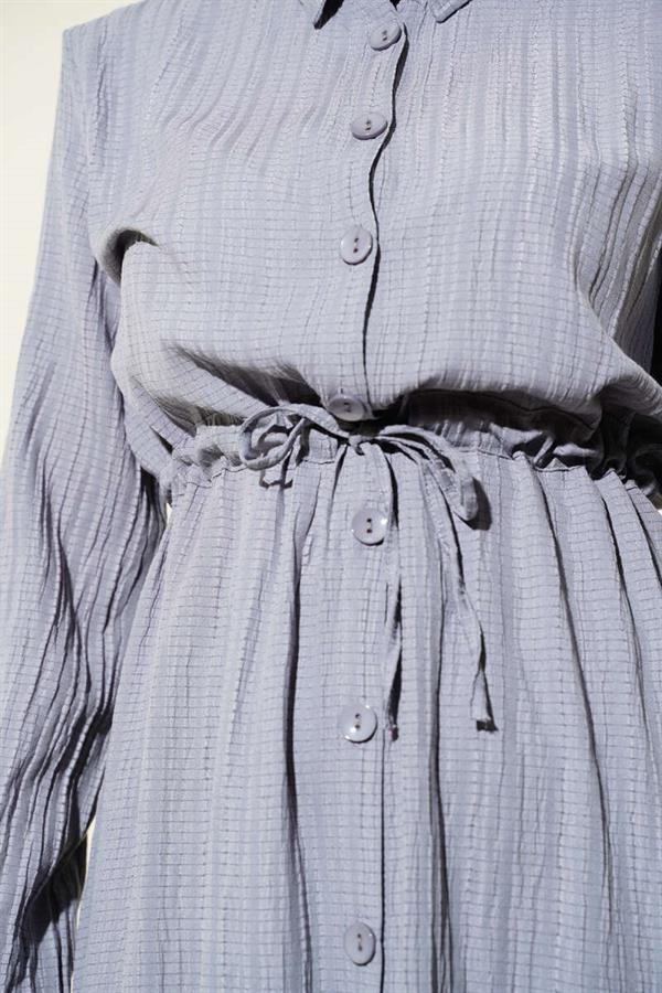 Waist Tunnel Buttoned Long Shirt 2 Piece Set Gray