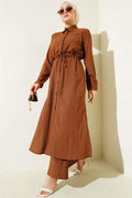 Waist Tunnel Buttoned Long Shirt 2 Piece Set Brown