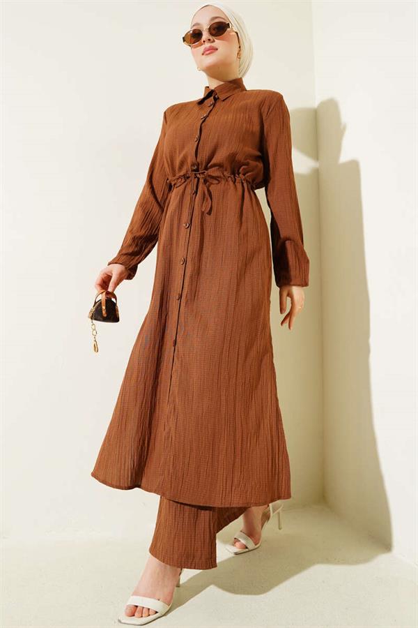 Waist Tunnel Buttoned Long Shirt 2 Piece Set Brown