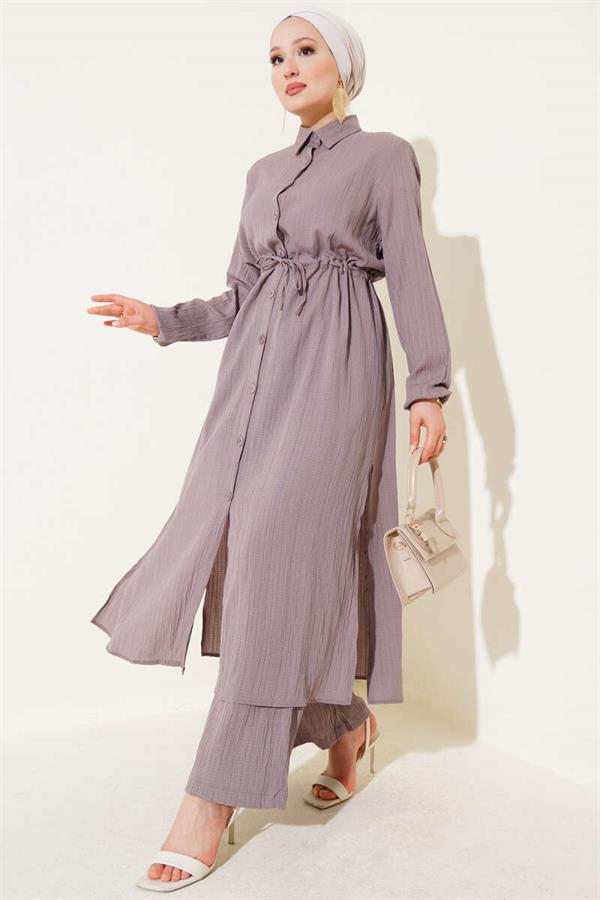 Waist Tunnel Buttoned Long Shirt 2 Piece Set Mink