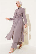 Waist Tunnel Buttoned Long Shirt 2 Piece Set Mink
