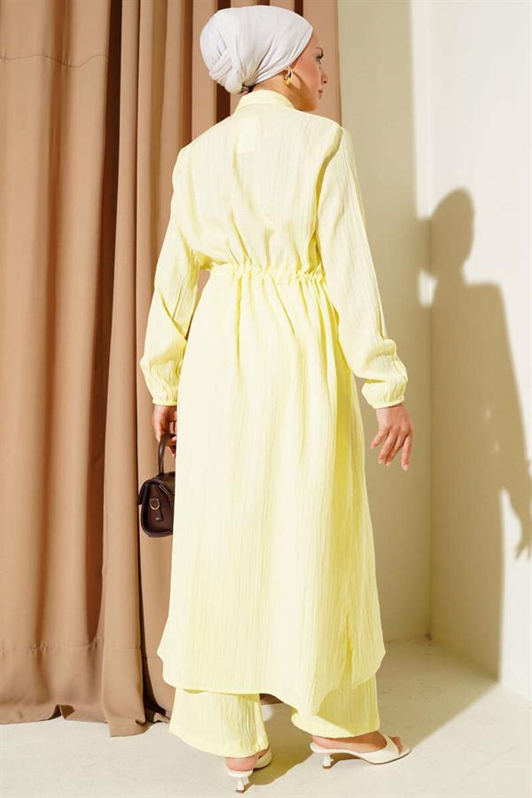 Waist Tunnel Buttoned Long Shirt 2 Piece Set Yellow