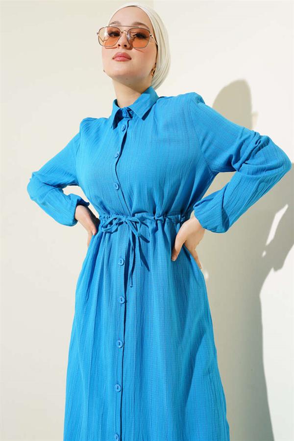Waist Tunnel Buttoned Long Shirt 2 Piece Set Blue