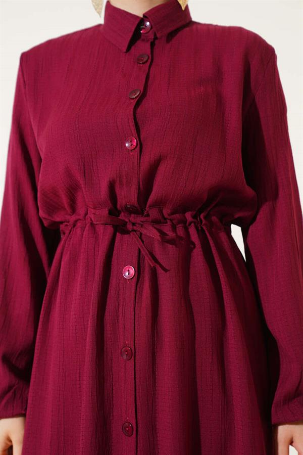 Waist Tunnel Buttoned Long Shirt 2 Piecet Set Claret Red