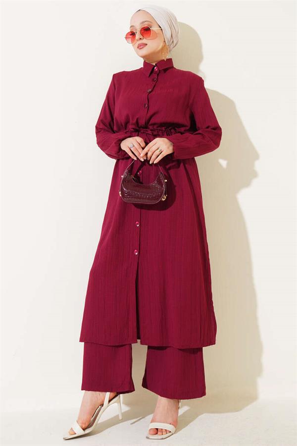 Waist Tunnel Buttoned Long Shirt 2 Piecet Set Claret Red