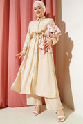 Waist Tunnel Buttoned Long Shirt 2 Piece Set Beige