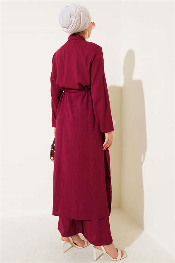 Waist Tunnel Buttoned Long Shirt 2 Piecet Set Claret Red