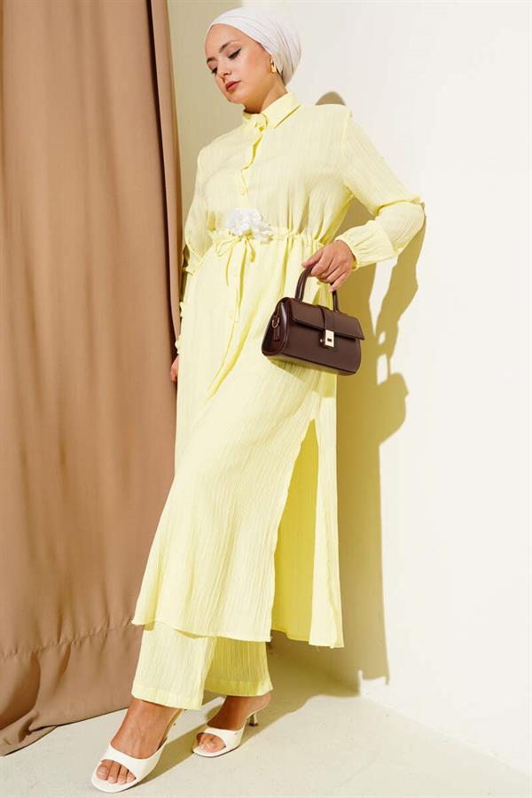Waist Tunnel Buttoned Long Shirt 2 Piece Set Yellow
