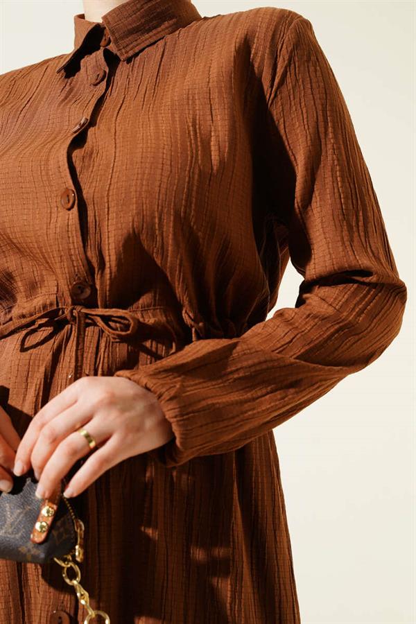 Waist Tunnel Buttoned Long Shirt 2 Piece Set Brown