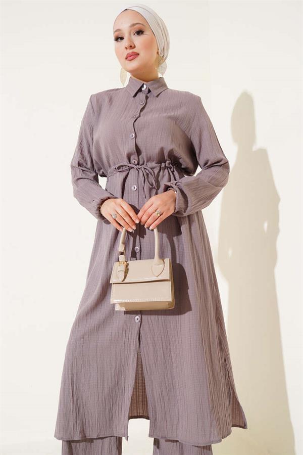 Waist Tunnel Buttoned Long Shirt 2 Piece Set Mink