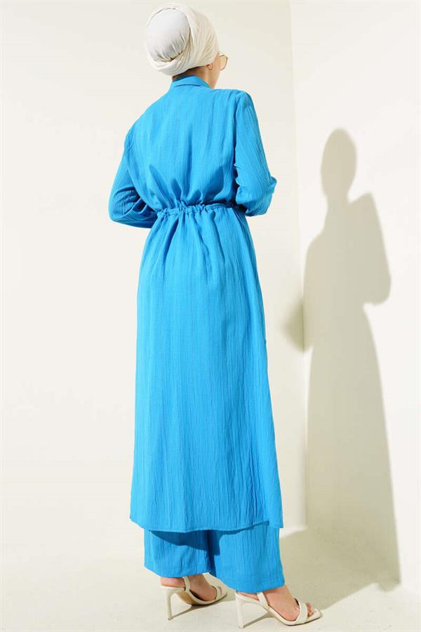 Waist Tunnel Buttoned Long Shirt 2 Piece Set Blue