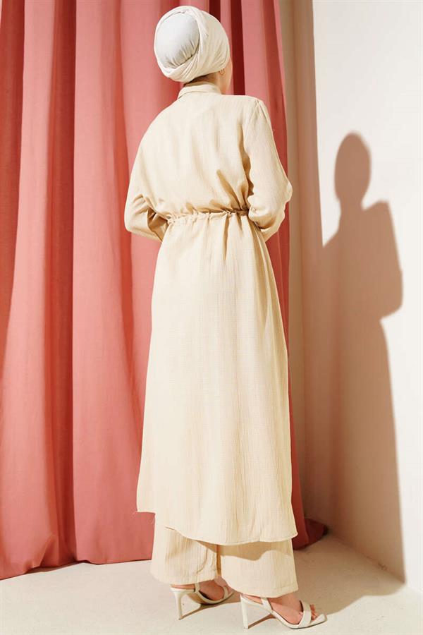 Waist Tunnel Buttoned Long Shirt 2 Piece Set Beige