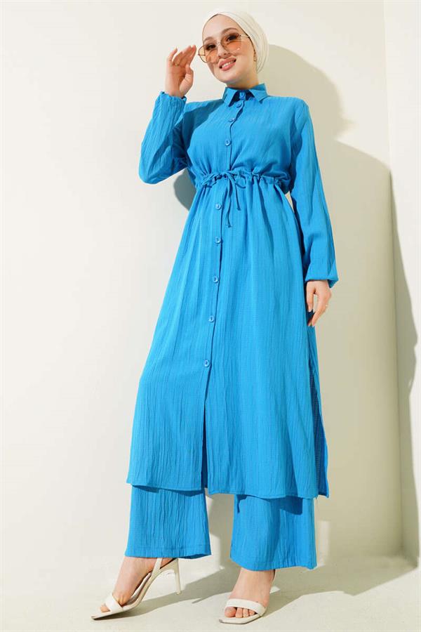 Waist Tunnel Buttoned Long Shirt 2 Piece Set Blue