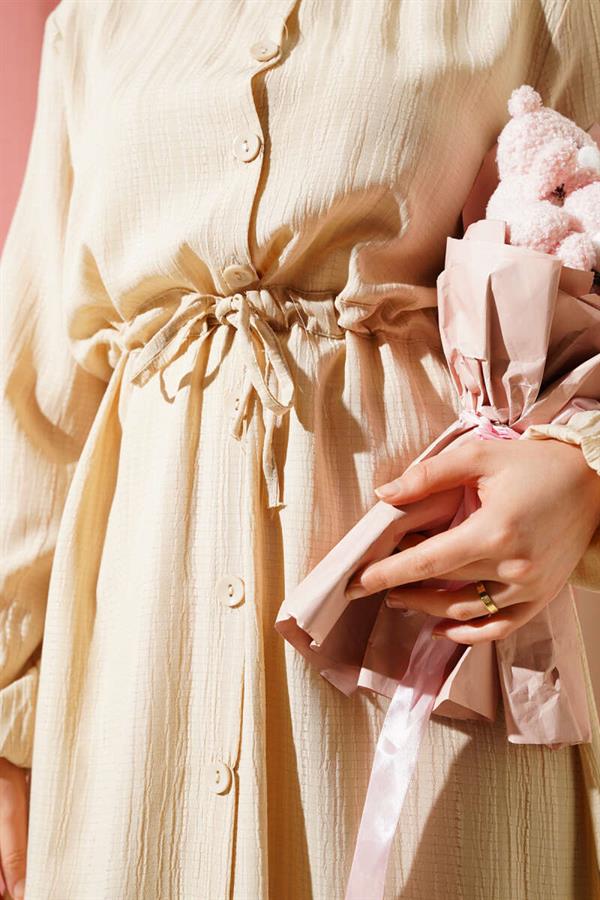 Waist Tunnel Buttoned Long Shirt 2 Piece Set Beige