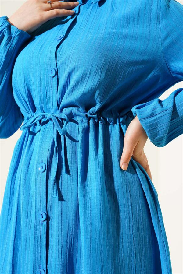 Waist Tunnel Buttoned Long Shirt 2 Piece Set Blue