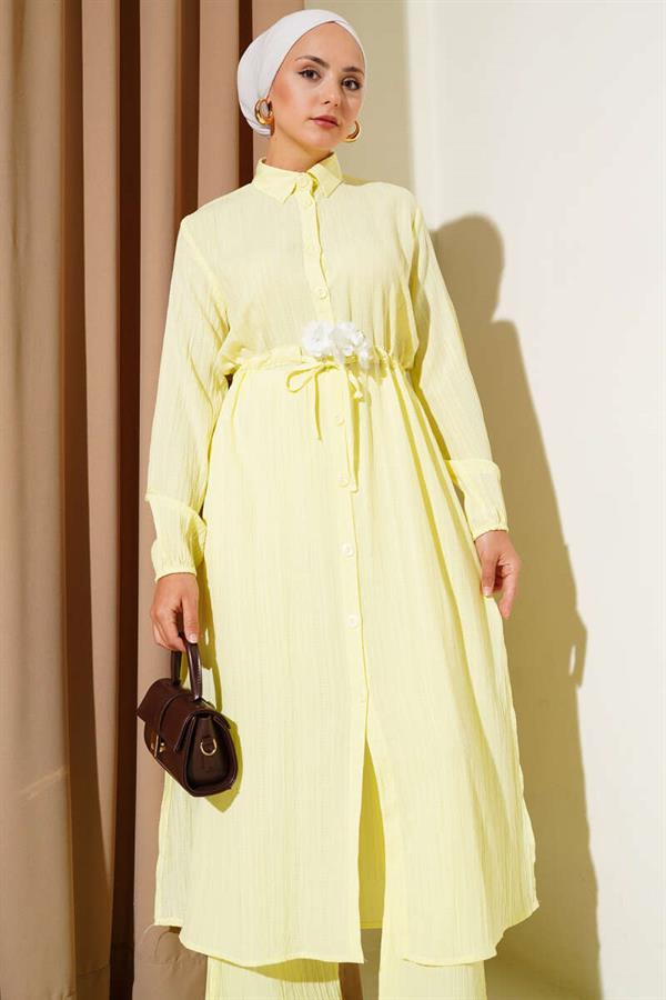 Waist Tunnel Buttoned Long Shirt 2 Piece Set Yellow