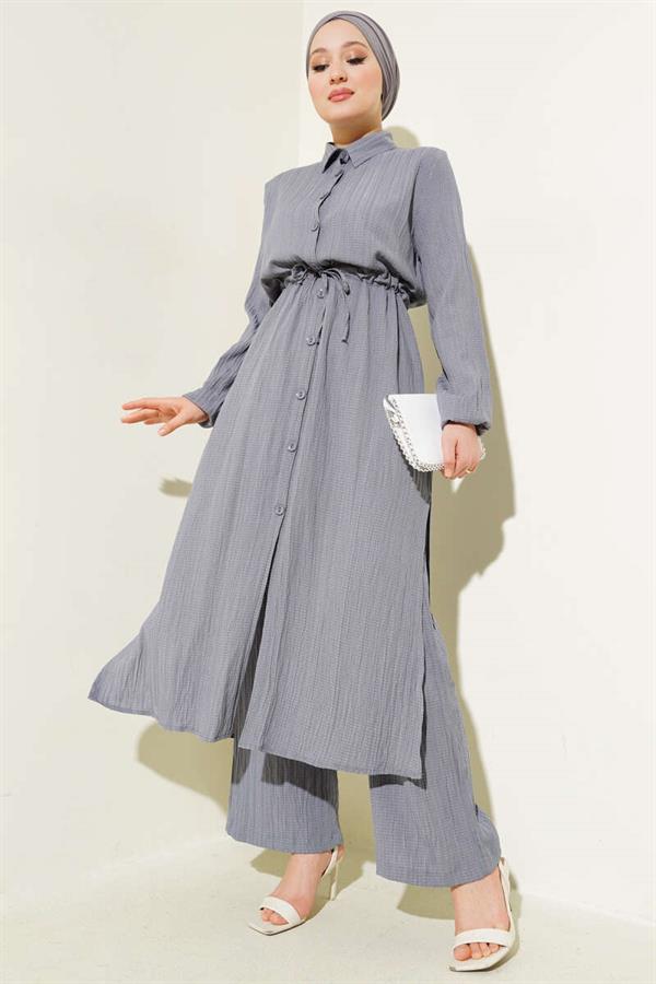 Waist Tunnel Buttoned Long Shirt 2 Piece Set Gray