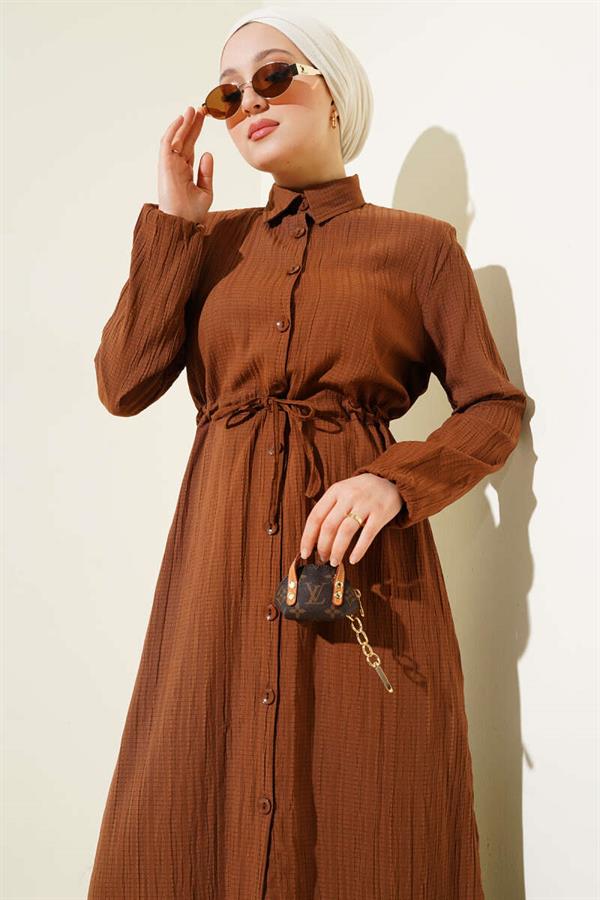 Waist Tunnel Buttoned Long Shirt 2 Piece Set Brown