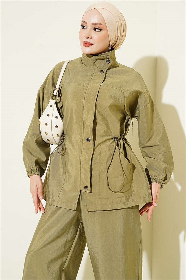 2 Piece Set with Waist Tunnel and Zipper, Khaki