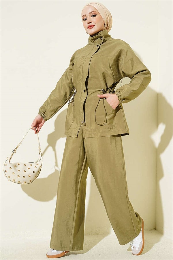 2 Piece Set with Waist Tunnel and Zipper, Khaki