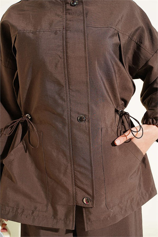 2 Piece Set with Waist Tunnel and Zipper, Coffee Brown