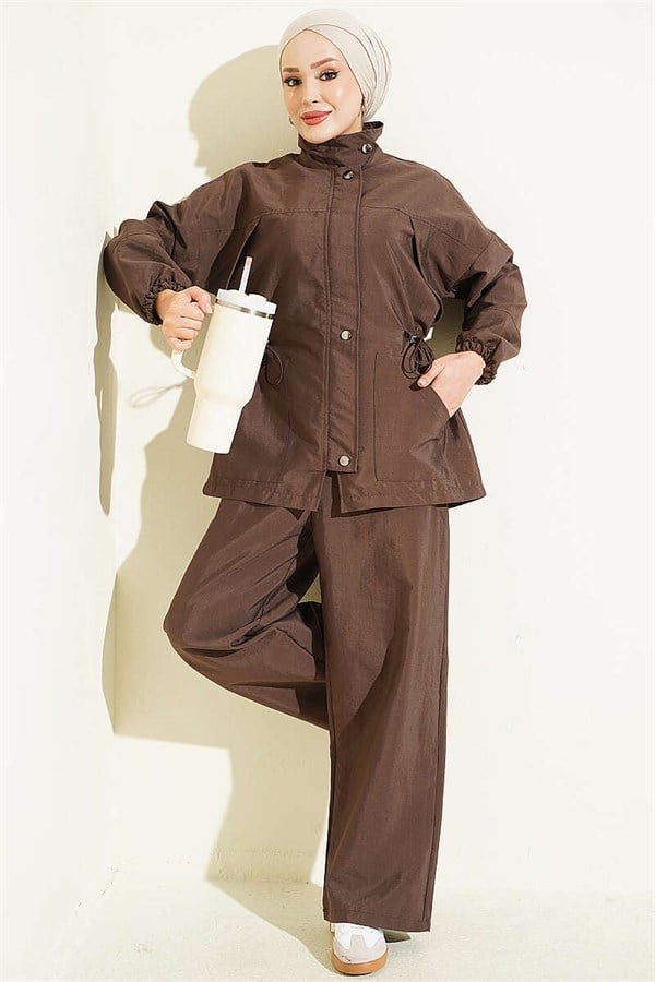 2 Piece Set with Waist Tunnel and Zipper, Coffee Brown