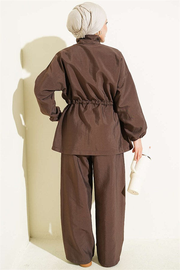 2 Piece Set with Waist Tunnel and Zipper, Coffee Brown