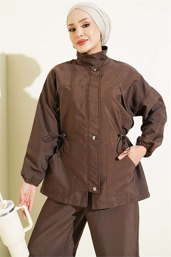2 Piece Set with Waist Tunnel and Zipper, Coffee Brown