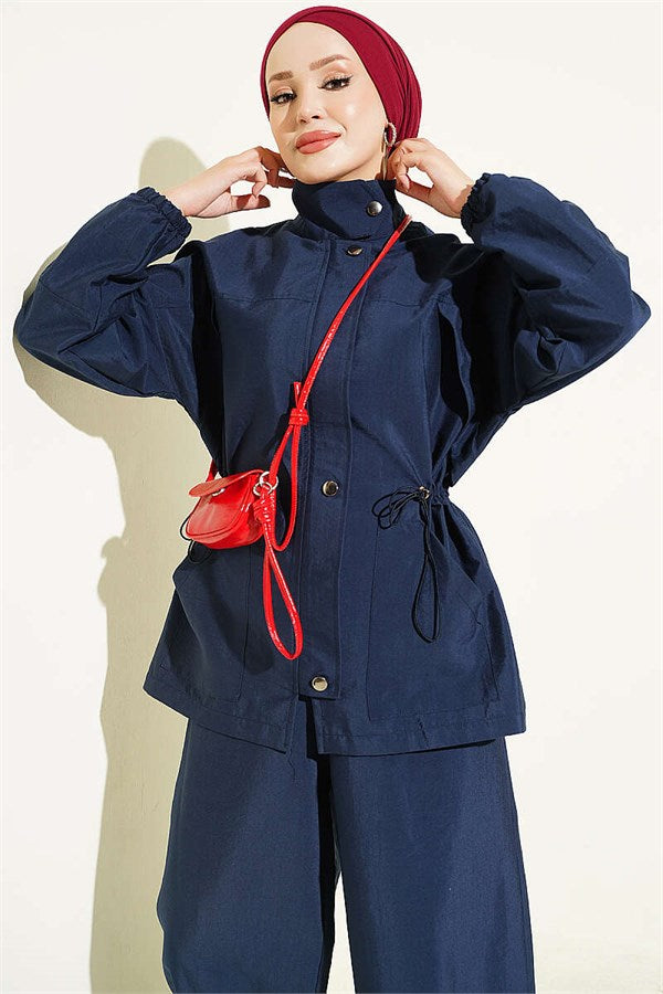 2 Piece Set with Waist Tunnel and Zipper, Navy Blue