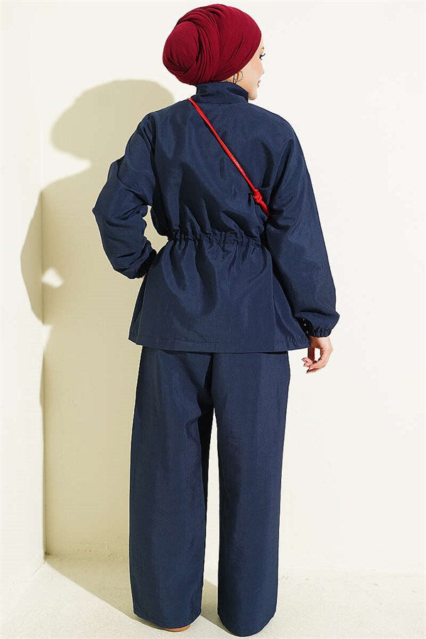 2 Piece Set with Waist Tunnel and Zipper, Navy Blue