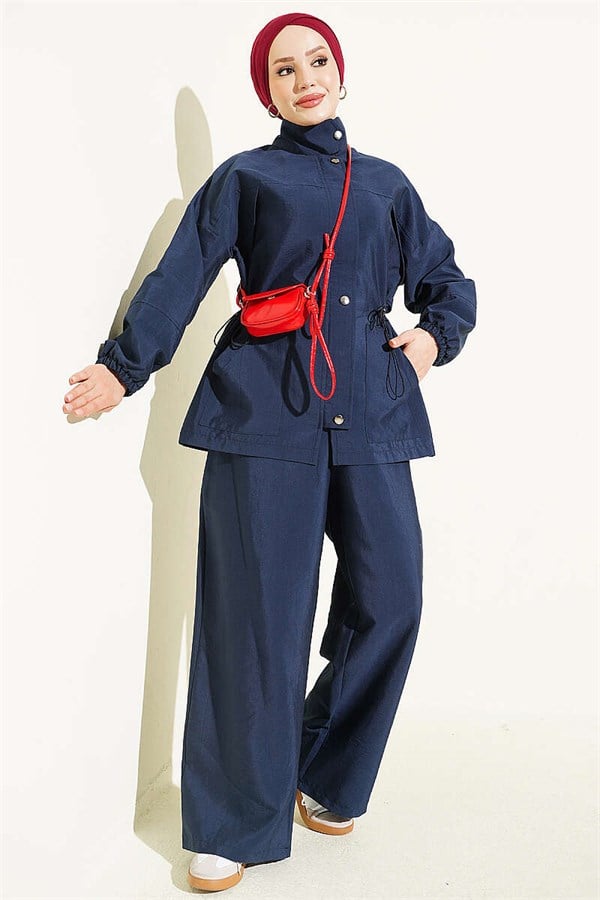 2 Piece Set with Waist Tunnel and Zipper, Navy Blue