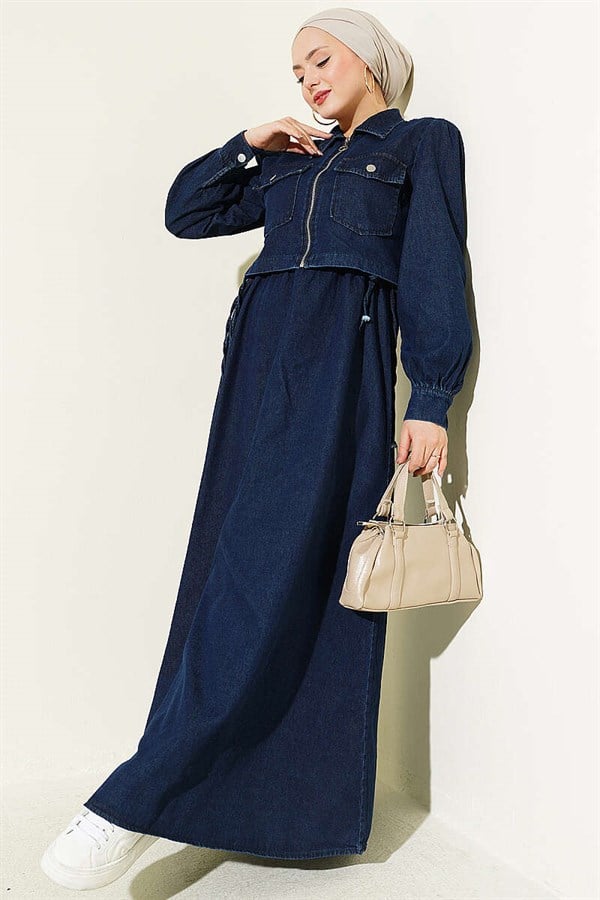 Waistband Zip-Up Vest 2 Piece Set in Dark Denim