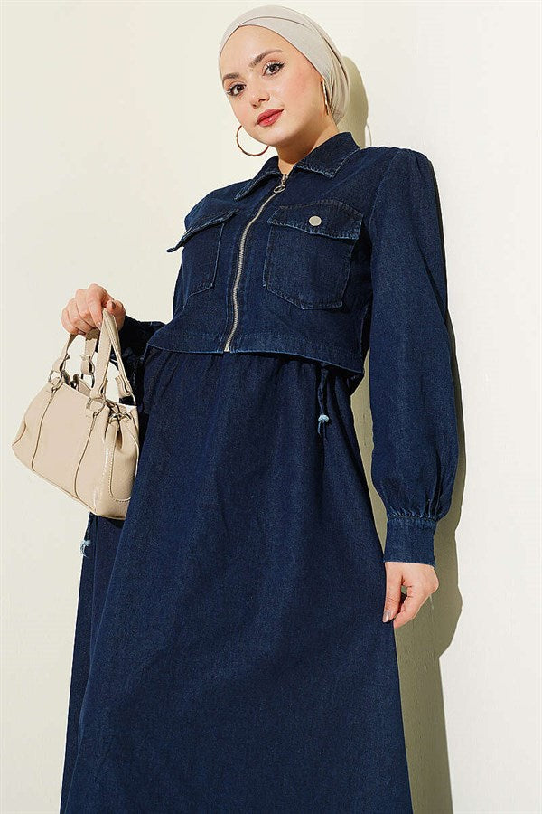Waistband Zip-Up Vest 2 Piece Set in Dark Denim
